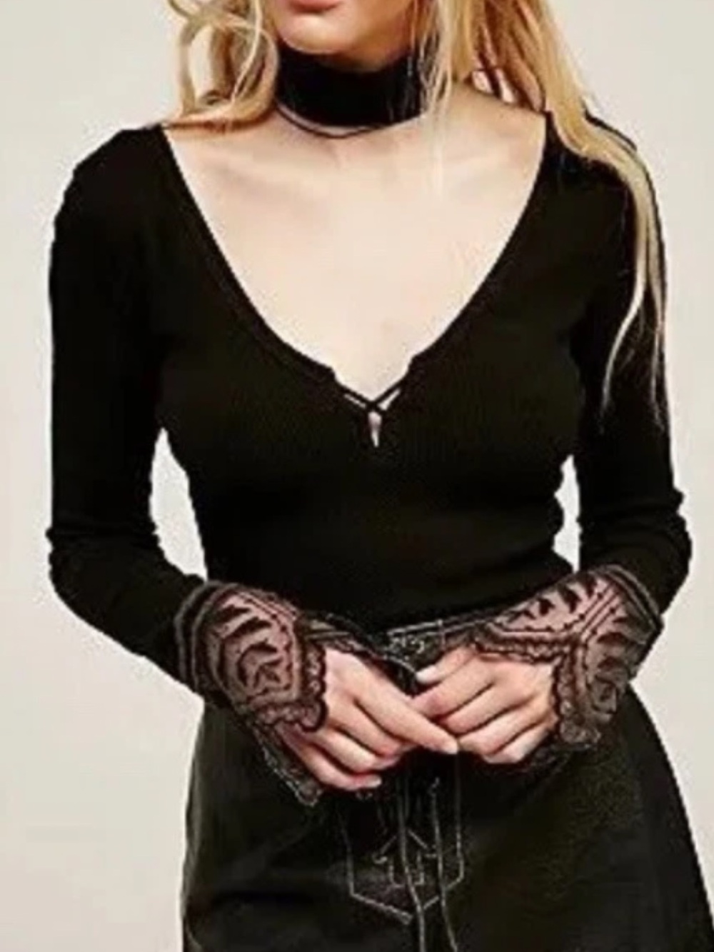 Free People Last Dance Lace Embroidered cuff V-Neck Long Sleeve Thermal Top